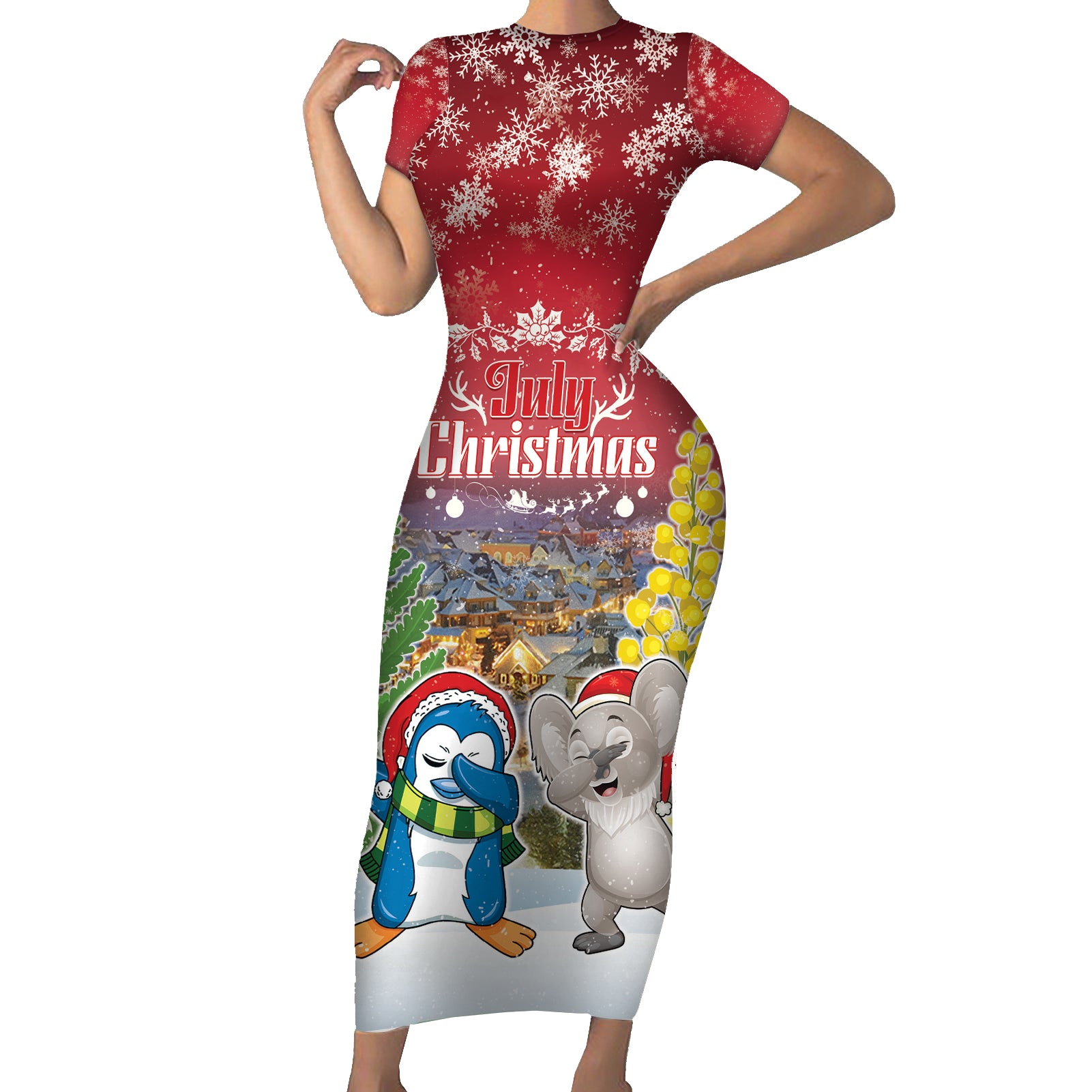 Personalised Christmas In July Short Sleeve Bodycon Dress Funny Dabbing Dance Koala And Blue Penguins