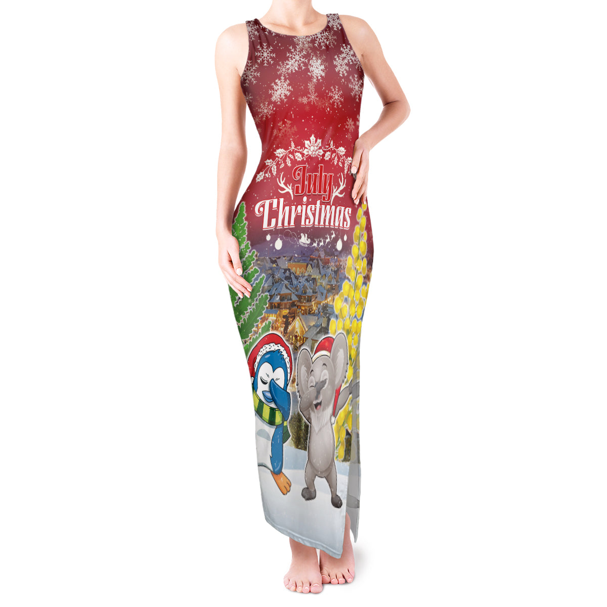 Personalised Christmas In July Tank Maxi Dress Funny Dabbing Dance Koala And Blue Penguins