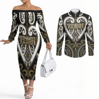 Custom Aotearoa Waikato Tainui Couples Matching Off The Shoulder Long Sleeve Dress and Long Sleeve Button Shirt Maori Tribal Pattern