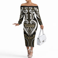 Custom Aotearoa Waikato Tainui Off The Shoulder Long Sleeve Dress Maori Tribal Pattern LT05 Women Dark Yellow - Polynesian Pride