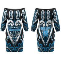 Custom Aotearoa Ngati Kahungunu Family Matching Off The Shoulder Long Sleeve Dress and Hawaiian Shirt Maori Tribal Pattern LT05 Mom's Dress Blue - Polynesian Pride