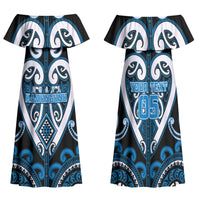 Custom Aotearoa Ngati Kahungunu Family Matching Off Shoulder Maxi Dress and Hawaiian Shirt Maori Tribal Pattern LT05 Mom's Dress Blue - Polynesian Pride