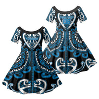Custom Aotearoa Ngati Kahungunu Family Matching Puletasi and Hawaiian Shirt Maori Tribal Pattern LT05 Daughter's Dress Blue - Polynesian Pride
