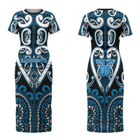 Custom Aotearoa Ngati Kahungunu Family Matching Short Sleeve Bodycon Dress and Hawaiian Shirt Maori Tribal Pattern LT05 Mom's Dress Blue - Polynesian Pride
