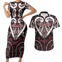 Custom Aotearoa Te Arawa Couples Matching Short Sleeve Bodycon Dress and Hawaiian Shirt Maori Tribal Pattern LT05 Red - Polynesian Pride