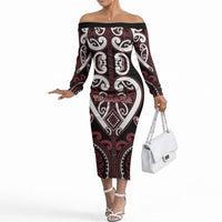Custom Aotearoa Te Arawa Off The Shoulder Long Sleeve Dress Maori Tribal Pattern LT05 Women Red - Polynesian Pride