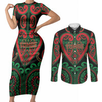 Custom Aotearoa Ngai Tuhoe Couples Matching Short Sleeve Bodycon Dress and Long Sleeve Button Shirt Maori Tribal Pattern LT05 Black - Polynesian Pride
