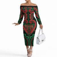 Custom Aotearoa Ngai Tuhoe Off The Shoulder Long Sleeve Dress Maori Tribal Pattern LT05 Women Black - Polynesian Pride