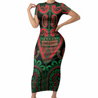 Custom Aotearoa Ngai Tuhoe Short Sleeve Bodycon Dress Maori Tribal Pattern LT05 Long Dress Black - Polynesian Pride