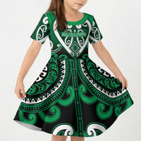 Custom Aotearoa Ngati Maniapoto Kid Short Sleeve Dress Maori Tribal Pattern LT05 KID Green - Polynesian Pride