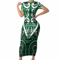 Custom Aotearoa Ngati Maniapoto Short Sleeve Bodycon Dress Maori Tribal Pattern LT05 Long Dress Green - Polynesian Pride