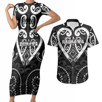 Custom Aotearoa Ngati Raukawa Couples Matching Short Sleeve Bodycon Dress and Hawaiian Shirt Maori Tribal Pattern LT05 Black - Polynesian Pride