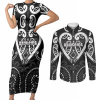 Custom Aotearoa Ngati Raukawa Couples Matching Short Sleeve Bodycon Dress and Long Sleeve Button Shirt Maori Tribal Pattern LT05 Black - Polynesian Pride