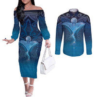 Polynesia Manta Ray Couples Matching Off The Shoulder Long Sleeve Dress and Long Sleeve Button Shirt Let's The Sea Set You Free - Polynesian Pride
