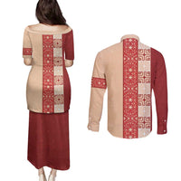 Papua New Guinea Couples Matching Puletasi and Long Sleeve Button Shirt Oro Tapa Pattern LT05 - Polynesian Pride