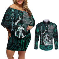 Personalised New Zealand Waka Racing Couples Matching Off Shoulder Short Dress and Long Sleeve Button Shirt Maori Warriors