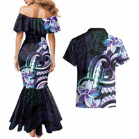 Polynesian Art Tattoo Couples Matching Mermaid Dress and Hawaiian Shirt Plumeria Flowers Turquoise Gradient