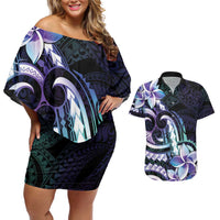 Polynesian Art Tattoo Couples Matching Off Shoulder Short Dress and Hawaiian Shirt Plumeria Flowers Turquoise Gradient