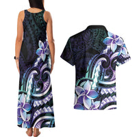 Polynesian Art Tattoo Couples Matching Tank Maxi Dress and Hawaiian Shirt Plumeria Flowers Turquoise Gradient