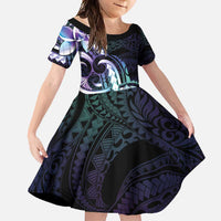 Polynesian Art Tattoo Family Matching Long Sleeve Bodycon Dress and Hawaiian Shirt Plumeria Flowers Turquoise Gradient
