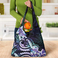 Polynesian Art Tattoo Grocery Bag Plumeria Flowers Turquoise Gradient