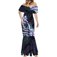 Polynesian Art Tattoo Mermaid Dress Plumeria Flowers Turquoise Gradient