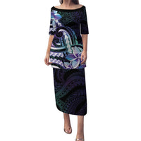 Polynesian Art Tattoo Puletasi Plumeria Flowers Turquoise Gradient LT05 Long Dress Turquoise - Polynesian Pride