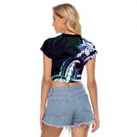 Polynesian Art Tattoo Raglan Cropped T Shirt Plumeria Flowers Turquoise Gradient