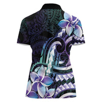 Polynesian Art Tattoo Women Polo Shirt Plumeria Flowers Turquoise Gradient