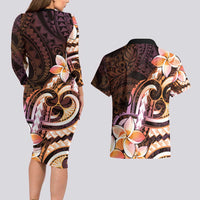 Polynesian Art Tattoo Couples Matching Long Sleeve Bodycon Dress and Hawaiian Shirt Plumeria Flowers Peach Gradient