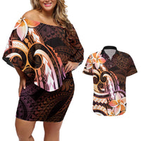 Polynesian Art Tattoo Couples Matching Off Shoulder Short Dress and Hawaiian Shirt Plumeria Flowers Peach Gradient