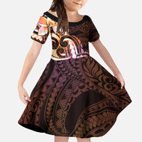 Polynesian Art Tattoo Family Matching Long Sleeve Bodycon Dress and Hawaiian Shirt Plumeria Flowers Peach Gradient LT05 Daughter's Dress Peach - Polynesian Pride