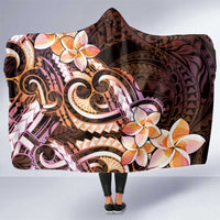 Polynesian Art Tattoo Hooded Blanket Plumeria Flowers Peach Gradient