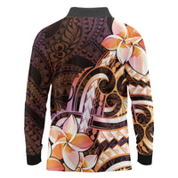 Polynesian Art Tattoo Long Sleeve Polo Shirt Plumeria Flowers Peach Gradient