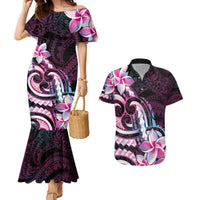 Polynesian Art Tattoo Couples Matching Mermaid Dress and Hawaiian Shirt Plumeria Flowers Pink Gradient