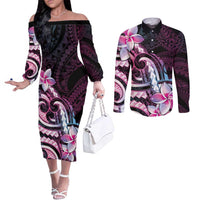 Polynesian Art Tattoo Couples Matching Off The Shoulder Long Sleeve Dress and Long Sleeve Button Shirt Plumeria Flowers Pink Gradient