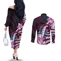 Polynesian Art Tattoo Couples Matching Off The Shoulder Long Sleeve Dress and Long Sleeve Button Shirt Plumeria Flowers Pink Gradient