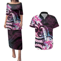 Polynesian Art Tattoo Couples Matching Puletasi and Hawaiian Shirt Plumeria Flowers Pink Gradient