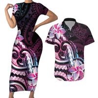 Polynesian Art Tattoo Couples Matching Short Sleeve Bodycon Dress and Hawaiian Shirt Plumeria Flowers Pink Gradient