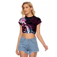 Polynesian Art Tattoo Raglan Cropped T Shirt Plumeria Flowers Pink Gradient