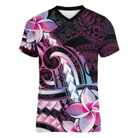 Polynesian Art Tattoo Women V-Neck T-Shirt Plumeria Flowers Pink Gradient
