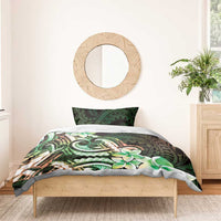 Polynesian Art Tattoo Bedding Set Plumeria Flowers Green Gradient