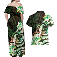 Polynesian Art Tattoo Couples Matching Off Shoulder Maxi Dress and Hawaiian Shirt Plumeria Flowers Green Gradient