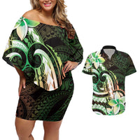 Polynesian Art Tattoo Couples Matching Off Shoulder Short Dress and Hawaiian Shirt Plumeria Flowers Green Gradient