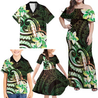 Polynesian Art Tattoo Family Matching Off Shoulder Maxi Dress and Hawaiian Shirt Plumeria Flowers Green Gradient
