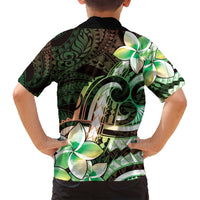 Polynesian Art Tattoo Family Matching Off Shoulder Short Dress and Hawaiian Shirt Plumeria Flowers Green Gradient