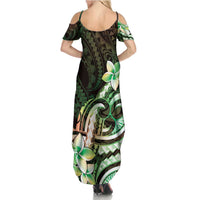 Polynesian Art Tattoo Family Matching Summer Maxi Dress and Hawaiian Shirt Plumeria Flowers Green Gradient