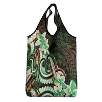 Polynesian Art Tattoo Grocery Bag Plumeria Flowers Green Gradient