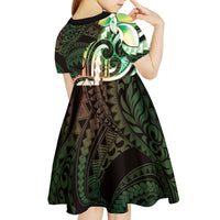 Polynesian Art Tattoo Kid Short Sleeve Dress Plumeria Flowers Green Gradient