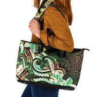 Polynesian Art Tattoo Leather Tote Bag Plumeria Flowers Green Gradient LT05 Green - Polynesian Pride